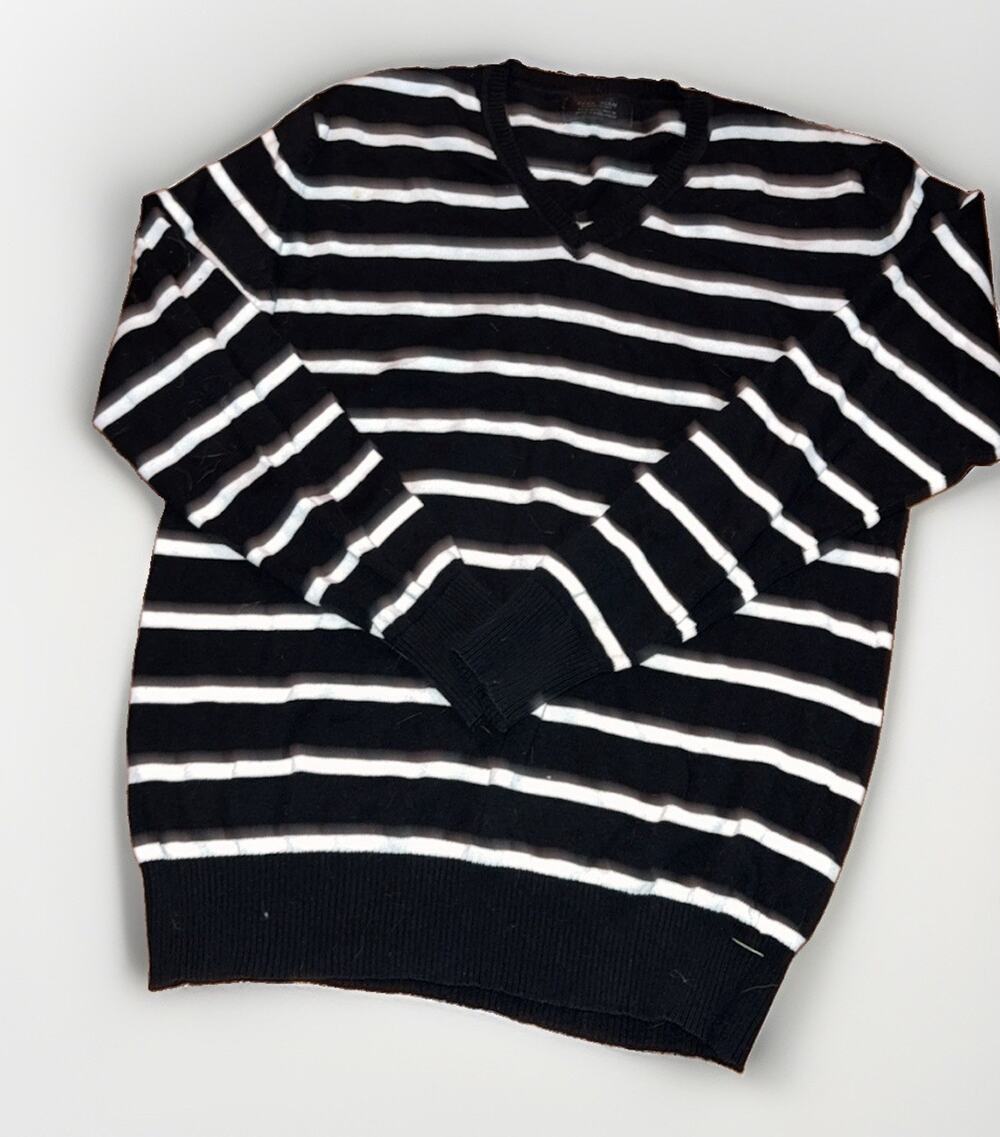 ZARA Mens Crew Neck Jumper Sweater XL Black and White Striped Cotton ZV09
